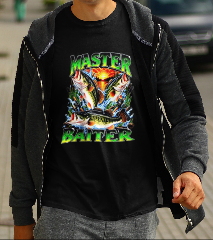 Master Baiter Fishing Large Mouth Bass Sunset Scene T-Shirt