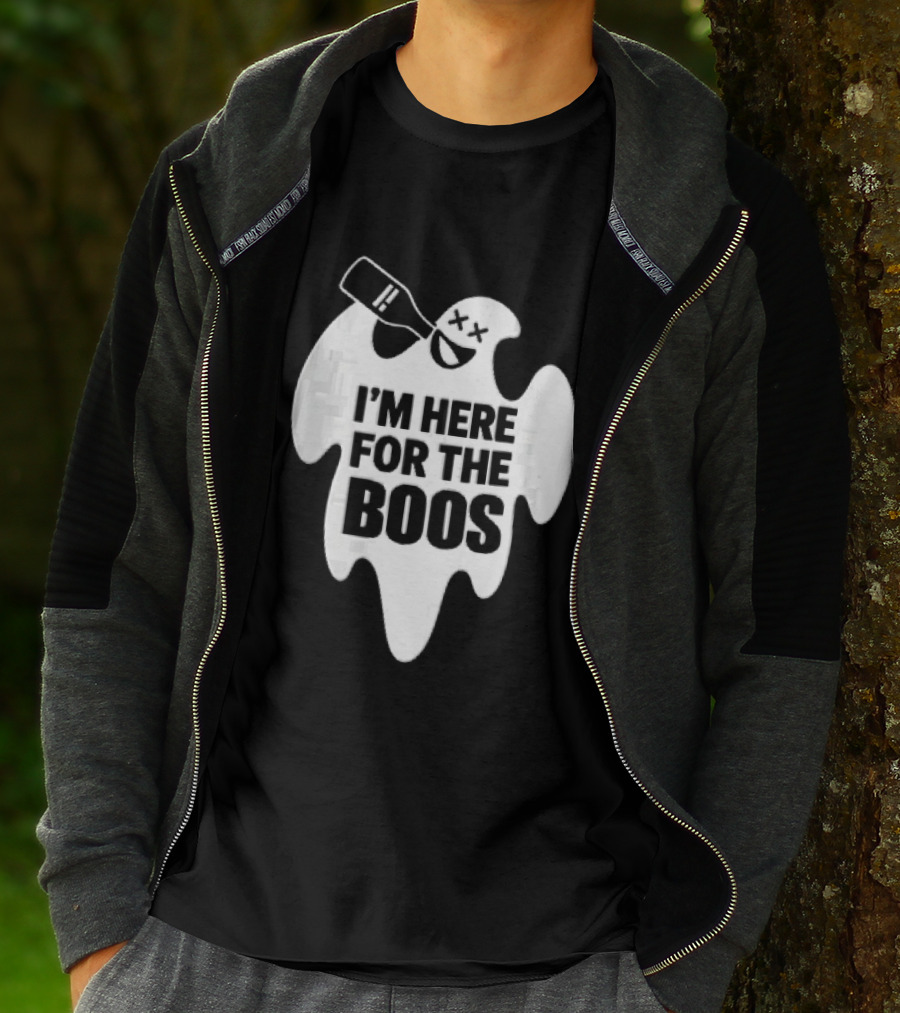 I'm Here For The Boos Cartoon Ghost Drinking Alcohol Bottle T-Shirt