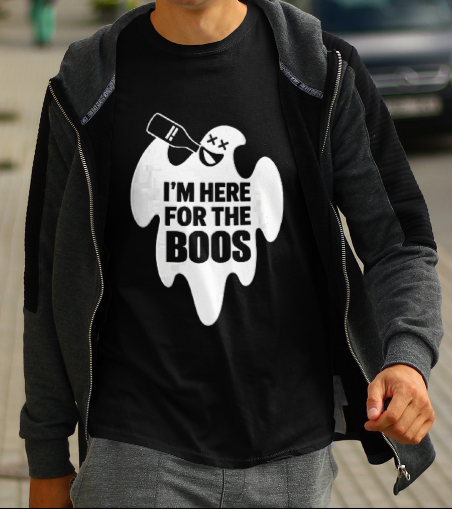 I'm Here For The Boos Cartoon Ghost Drinking Alcohol Bottle T-Shirt