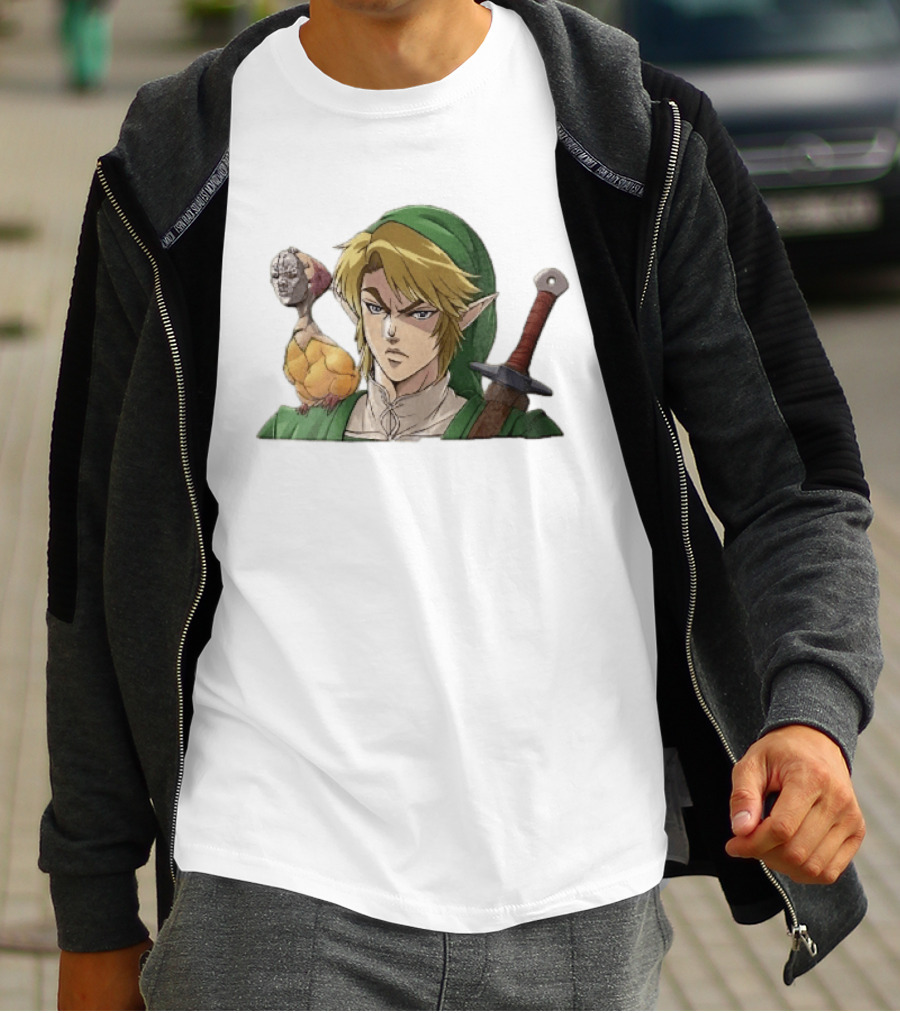 Anime Blonde Elf Knight In Green Tunic With Sword And Strange Bird Companion T-Shirt