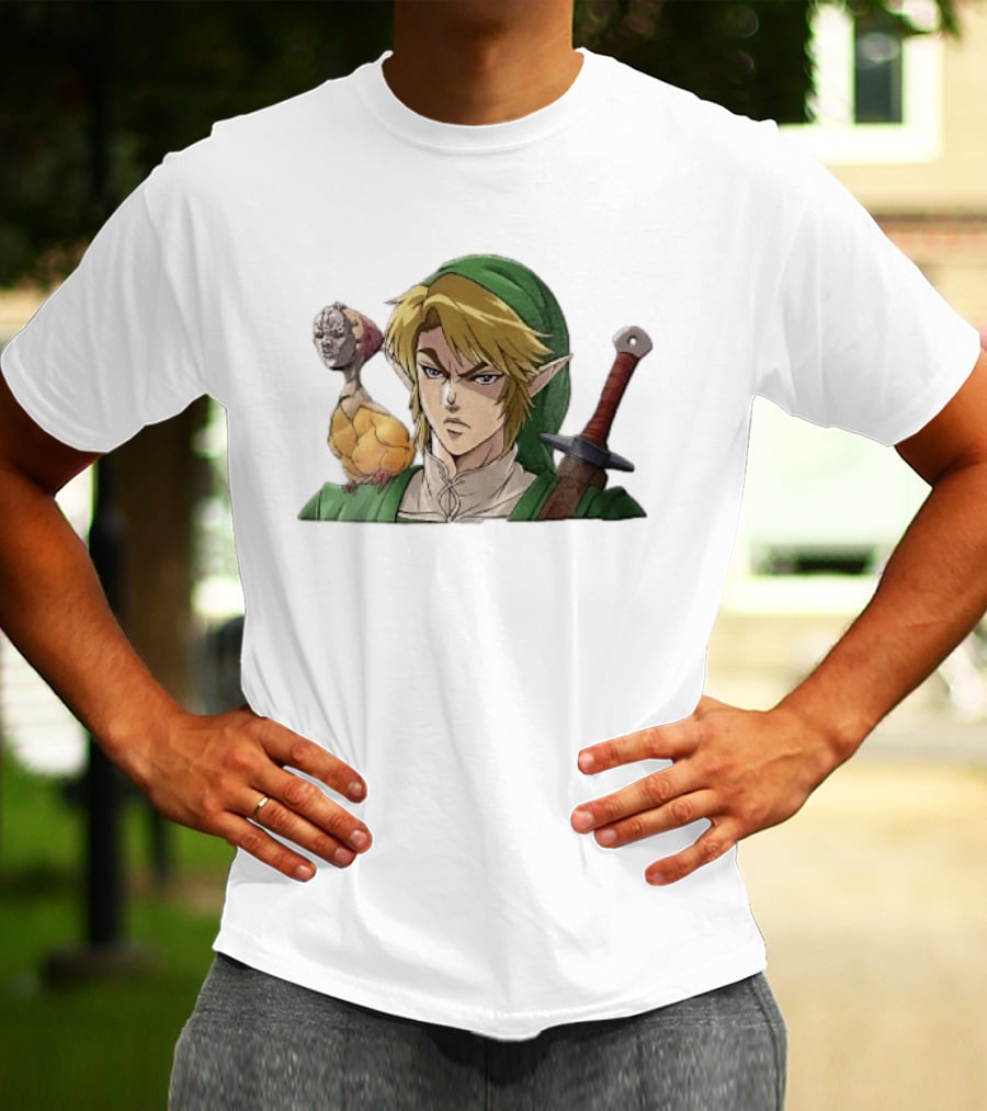 Anime Blonde Elf Knight In Green Tunic With Sword And Strange Bird Companion T-Shirt