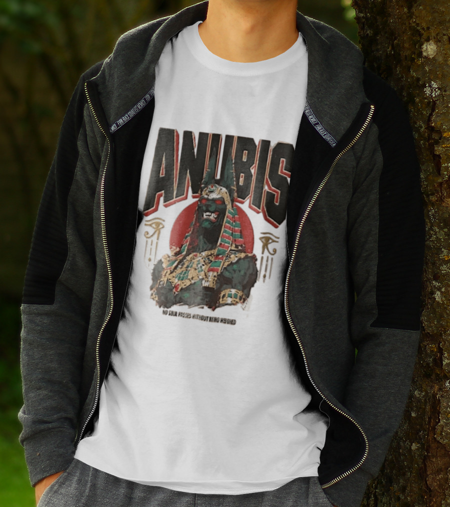 Anubis Jackal Headed Egyptian God Distressed No Soul Passes Without Being Weighed Sun T-Shirt