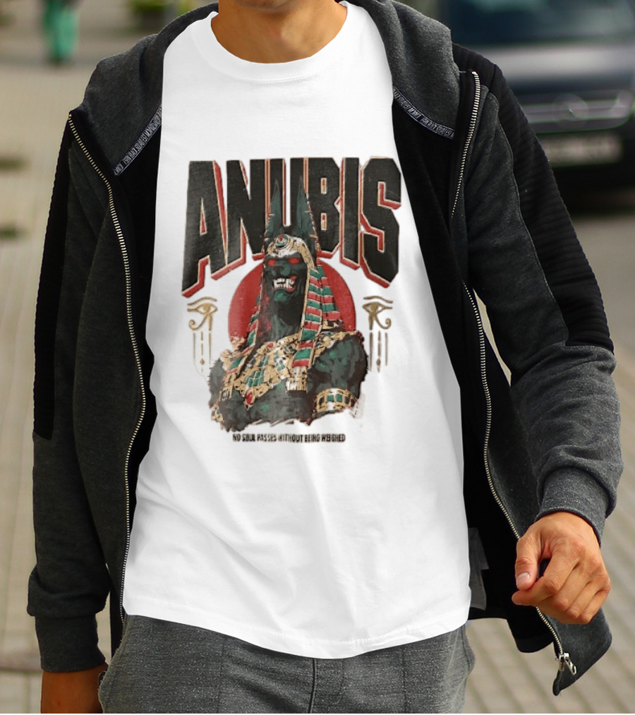 Anubis Jackal Headed Egyptian God Distressed No Soul Passes Without Being Weighed Sun T-Shirt