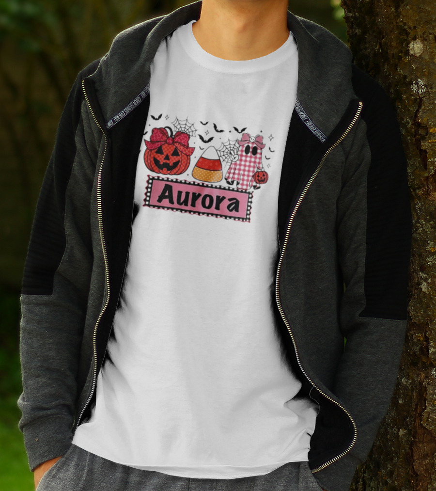 Aurora Halloween Pumpkin Ghost Candy Corn And Spiderwebs T-Shirt