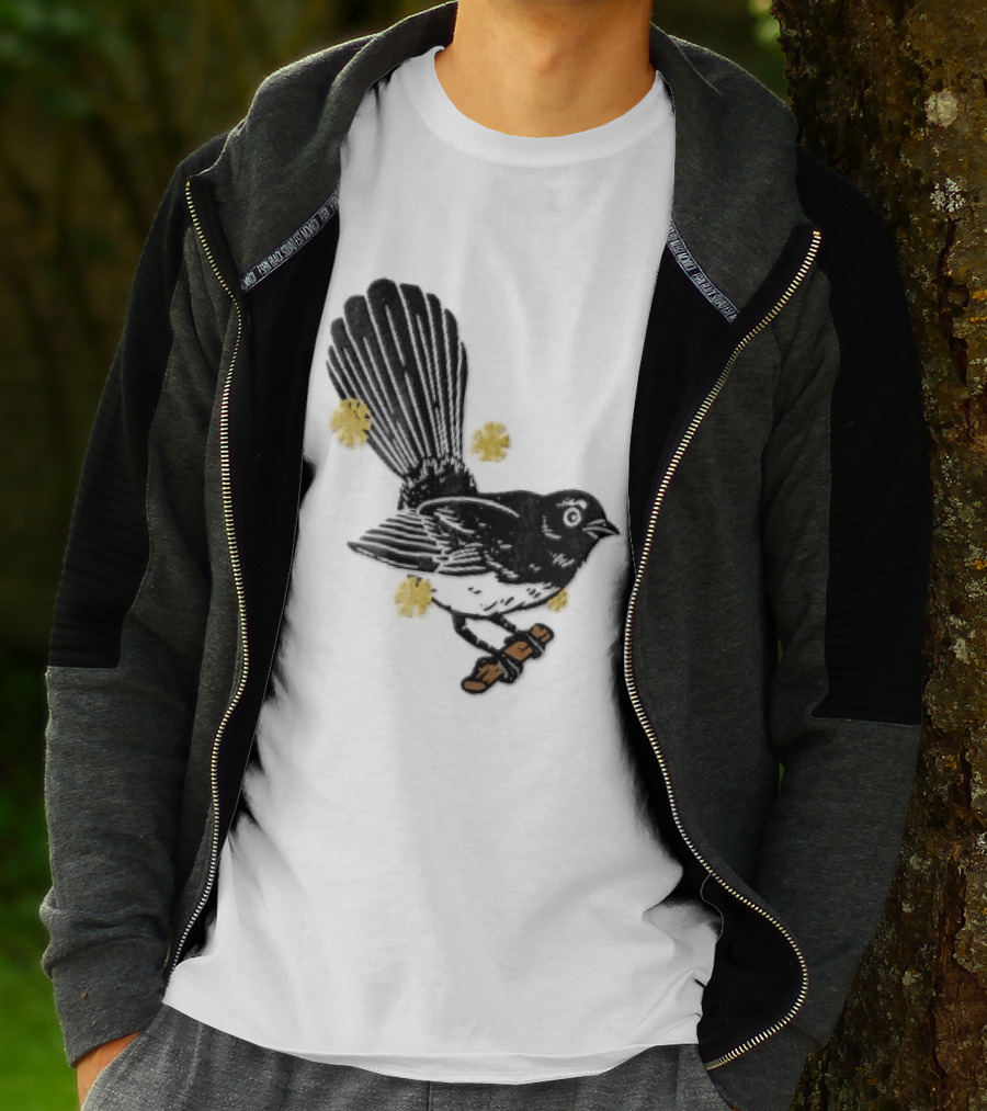 Black White Linocut Fantail Bird Branch Yellow Flowers T-Shirt