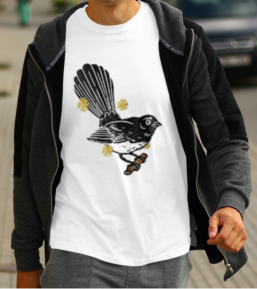 Black White Linocut Fantail Bird Branch Yellow Flowers T-Shirt