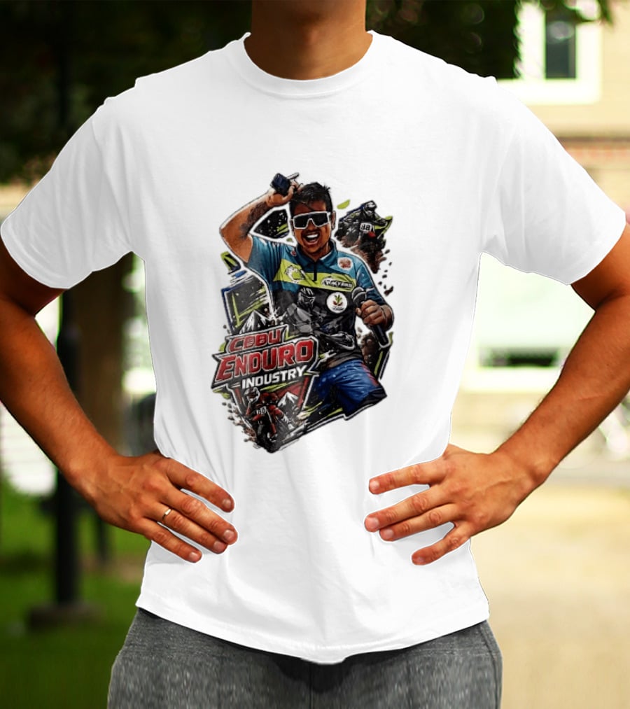 Cebu Enduro Industry Host With Microphone And Dirt Bike Riders Caricature T-Shirt