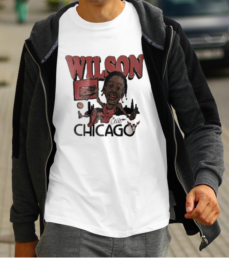 Chicago Bulls Wilson Cartoon Caricature Dunking City Skyline T-Shirt