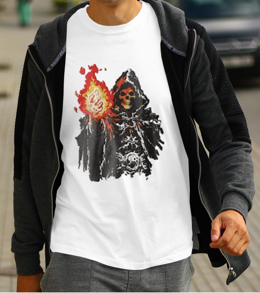 Hooded Skeleton Sorcerer With Glowing Red Fireball T-Shirt