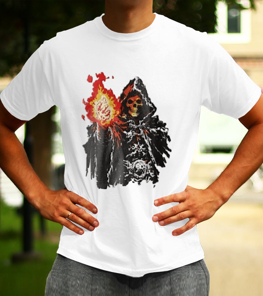 Hooded Skeleton Sorcerer With Glowing Red Fireball T-Shirt