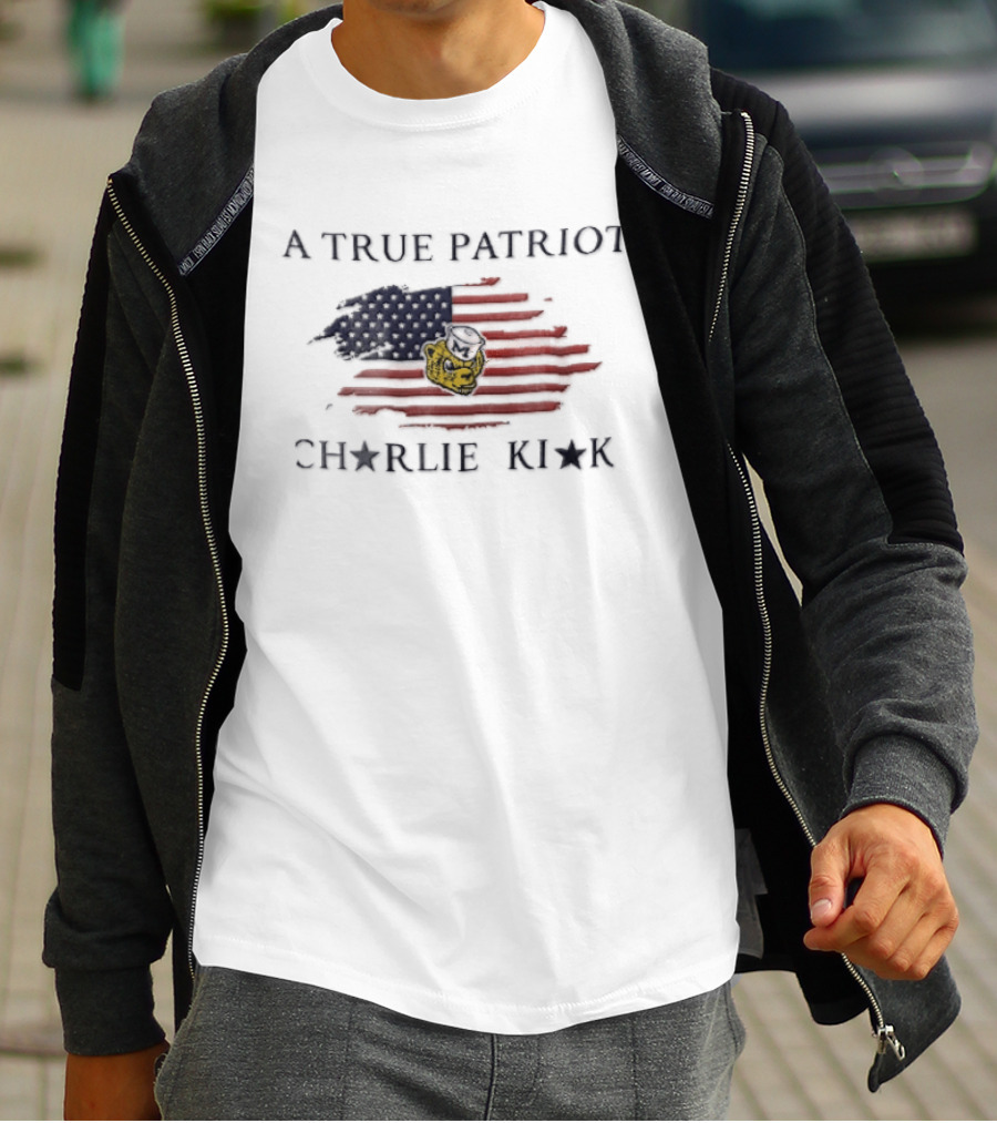 A True Patriot Charlie Kirk Distressed US Flag Wolverine Head T-Shirt