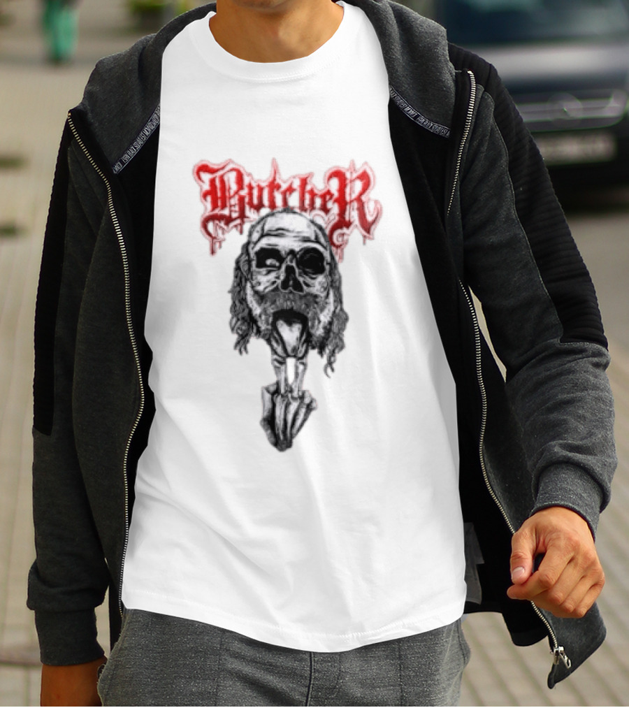 Butcher Skull With Gothic Red Text And Grim T-Shirt