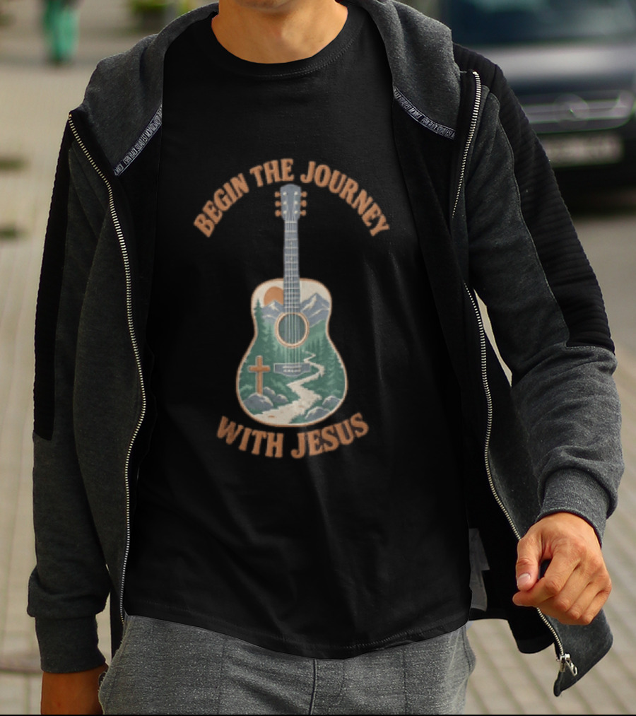 Begin The Journey With Jesus Guitar Mountain Path And Cross T-Shirt