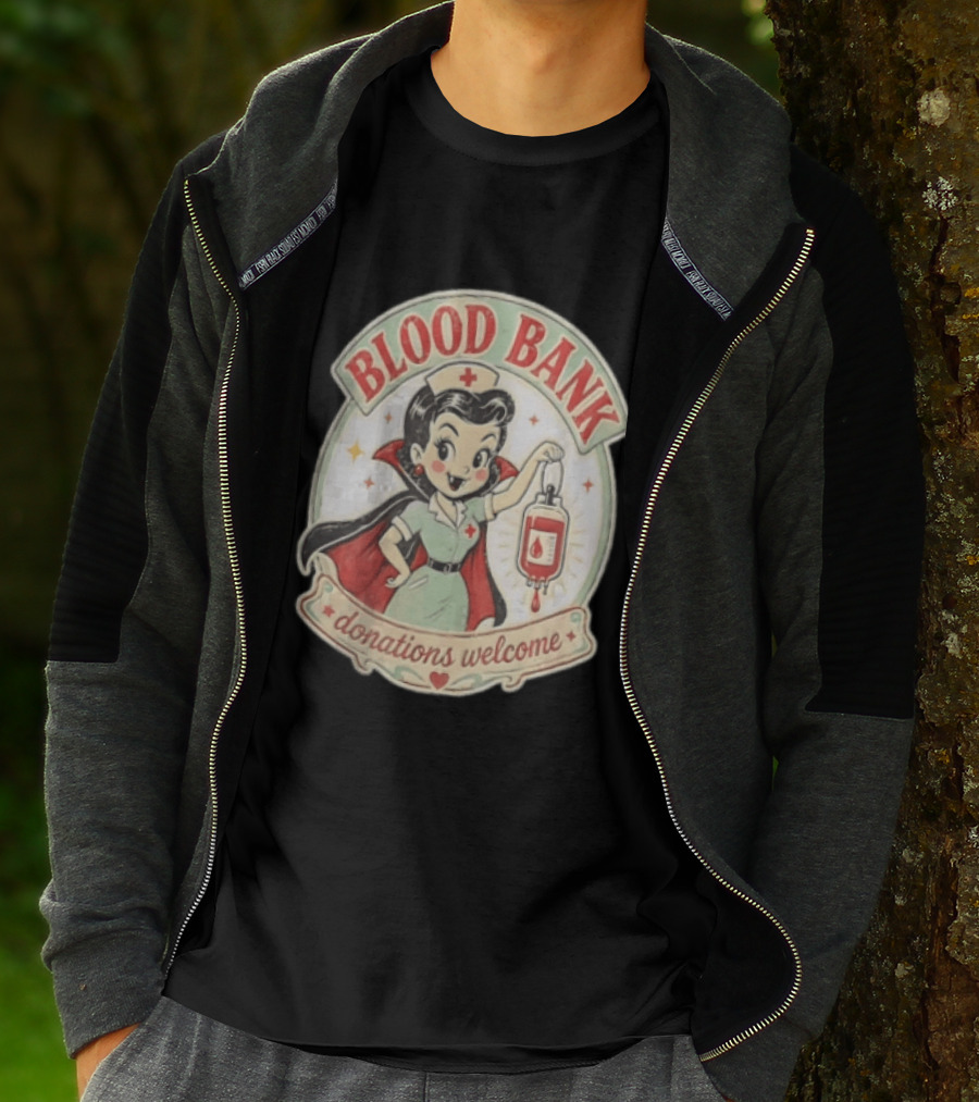 Blood Bank Donations Welcome Vampire Nurse Retro Cartoon T-Shirt