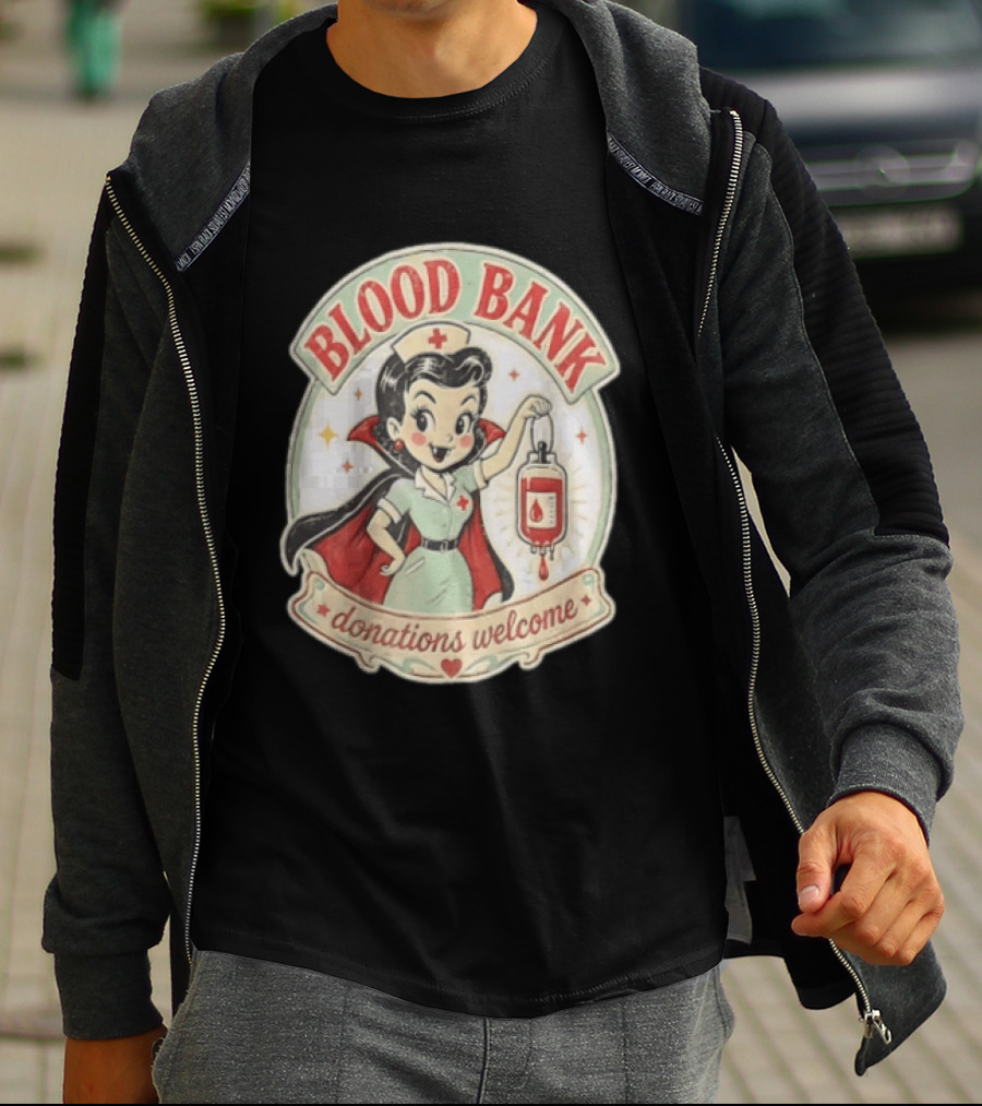 Blood Bank Donations Welcome Vampire Nurse Retro Cartoon T-Shirt