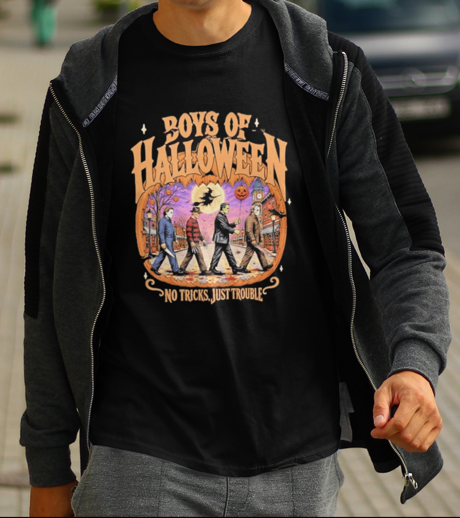 Boys Of Halloween Horror Characters Abbey Road No Tricks Just Trouble T-Shirt