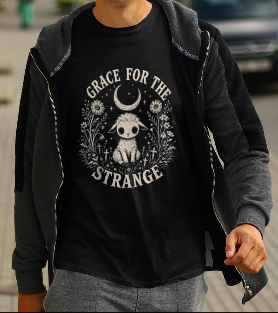 Grace For The Strange Lamb With Moon And Floral Accents T-Shirt