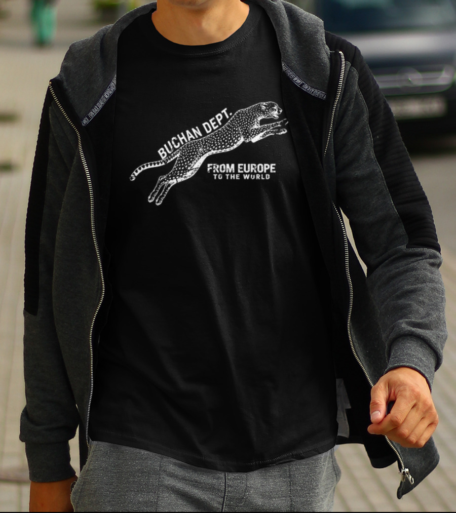 Buchan Store Cheetah Dept Black From Europe To The World T-Shirt