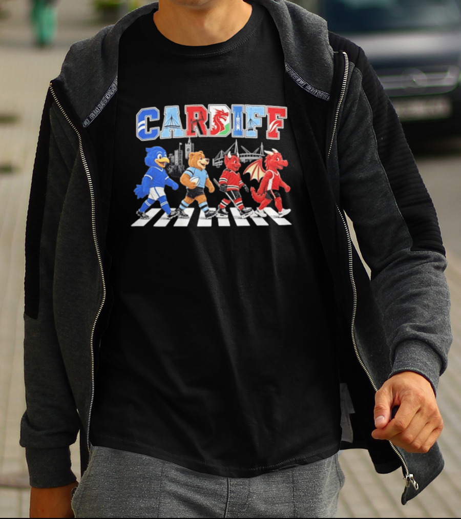 Cardiff Sports Abbey Road Parody With Cartoon Animals Crossing T-Shirt