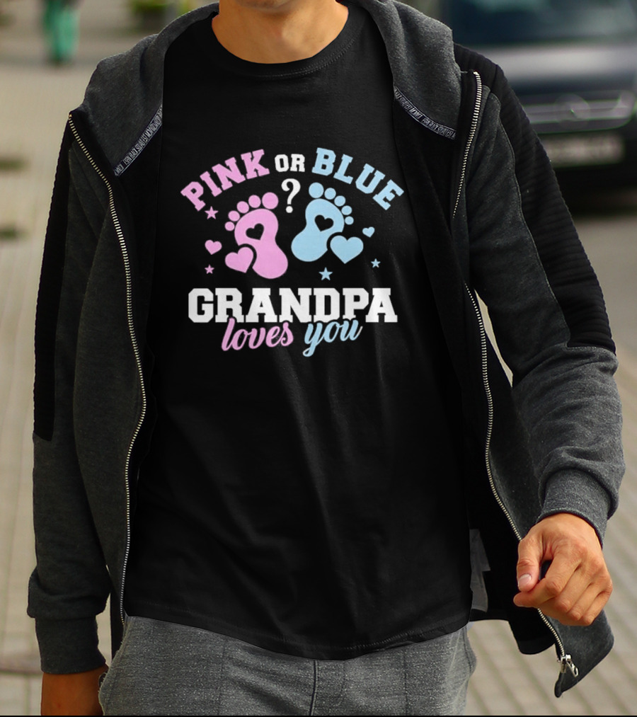Pink Or Blue Grandpa Loves You Heart Footprints Gender Reveal T-Shirt