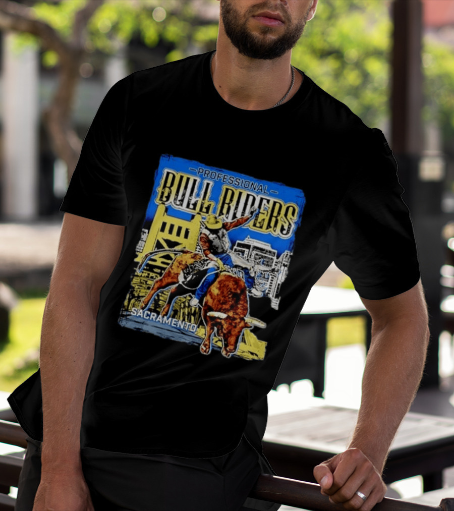 Professional Bull Riders Sacramento Cowboy Riding Bull Cityscape T-Shirt