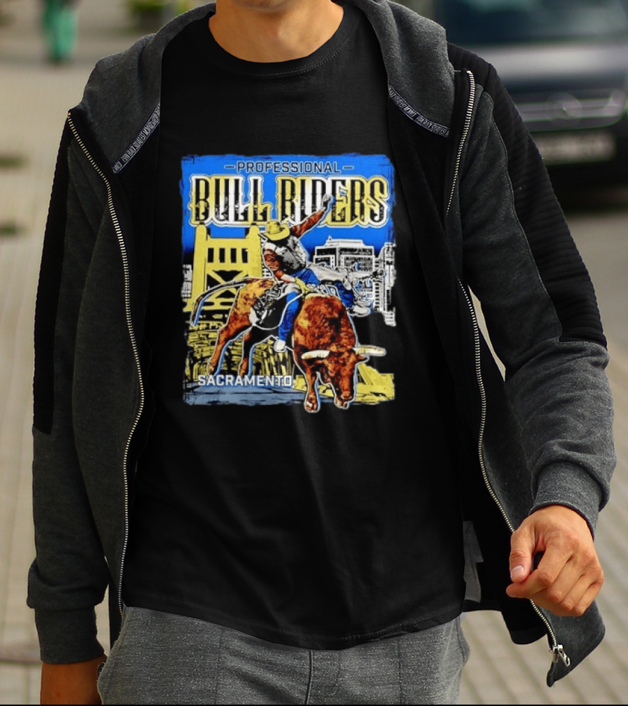 Professional Bull Riders Sacramento Cowboy Riding Bull Cityscape T-Shirt