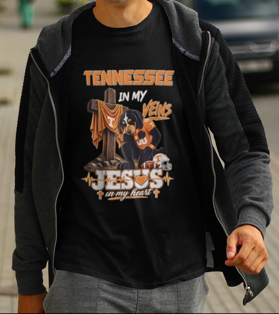 Tennessee In My Veins Jesus In My Heart Dog Cross Football Helmet T-Shirt