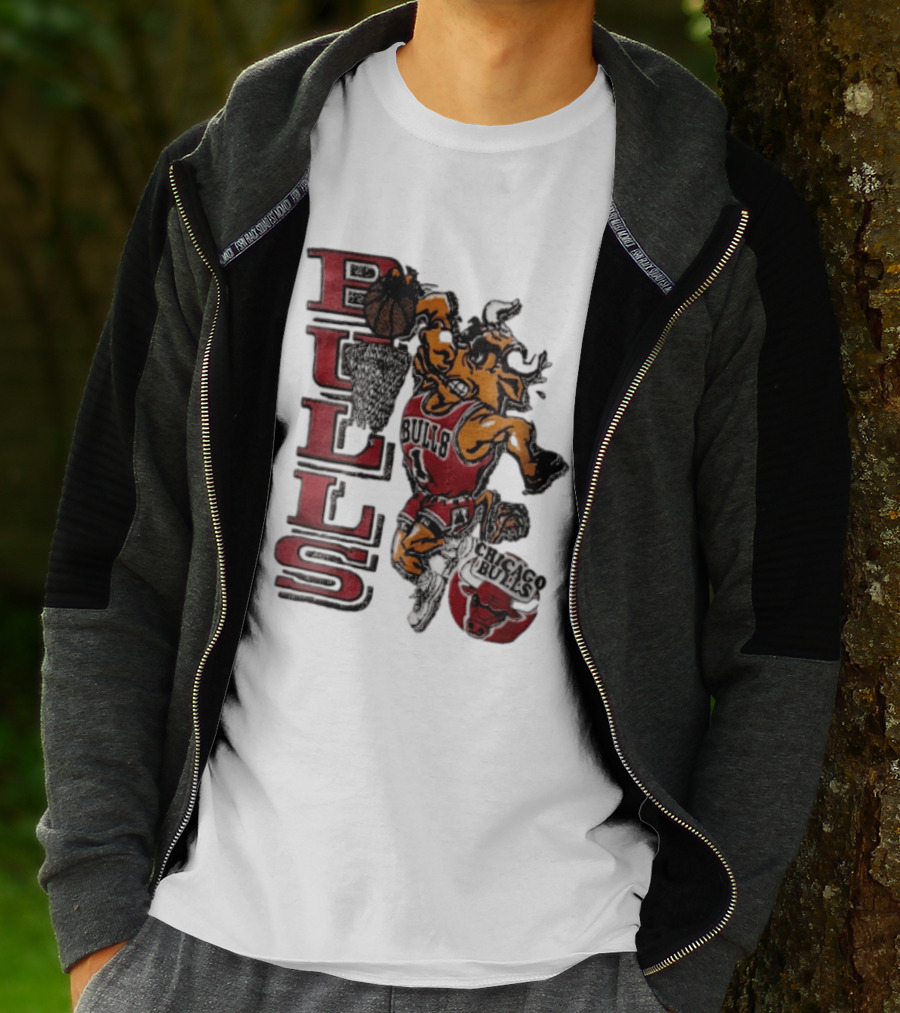 Chicago Bulls Bull Dunking Basketball Hoop NBA Cartoon Caricature T-Shirt
