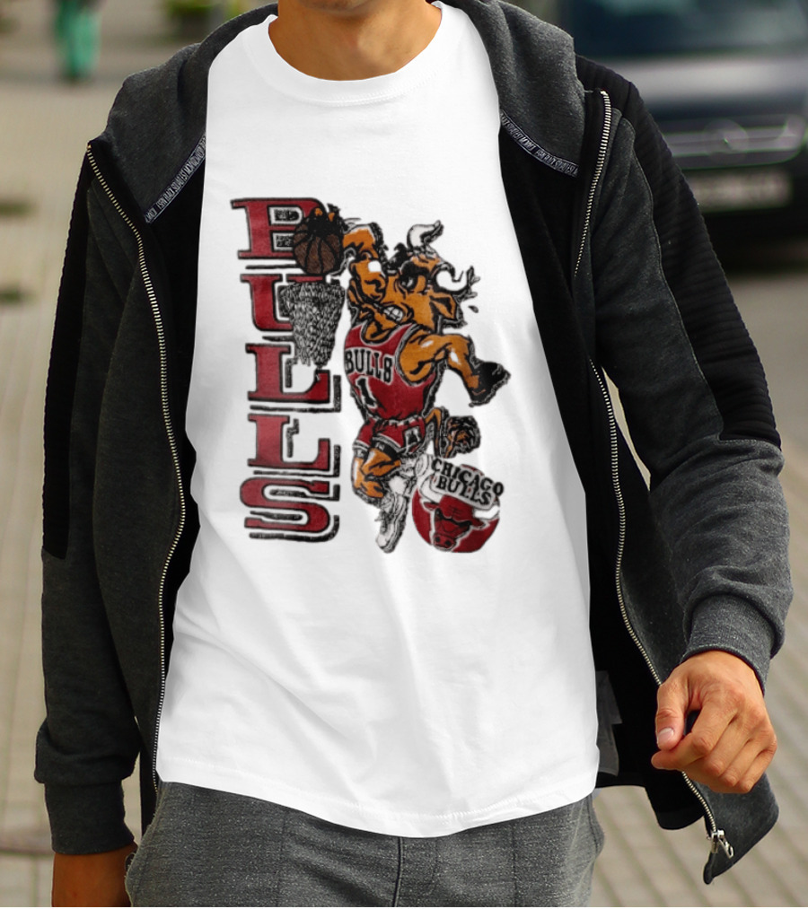 Chicago Bulls Bull Dunking Basketball Hoop NBA Cartoon Caricature T-Shirt