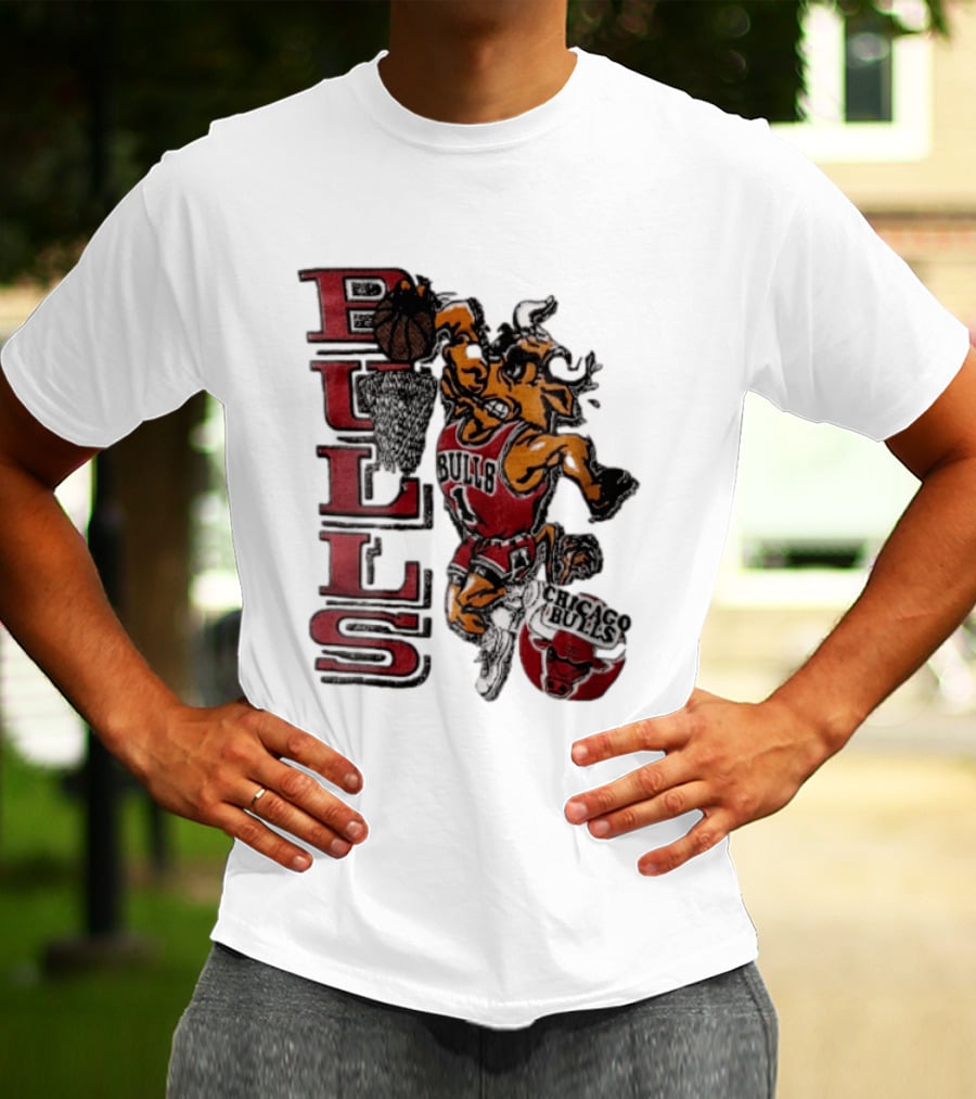 Chicago Bulls Bull Dunking Basketball Hoop NBA Cartoon Caricature T-Shirt