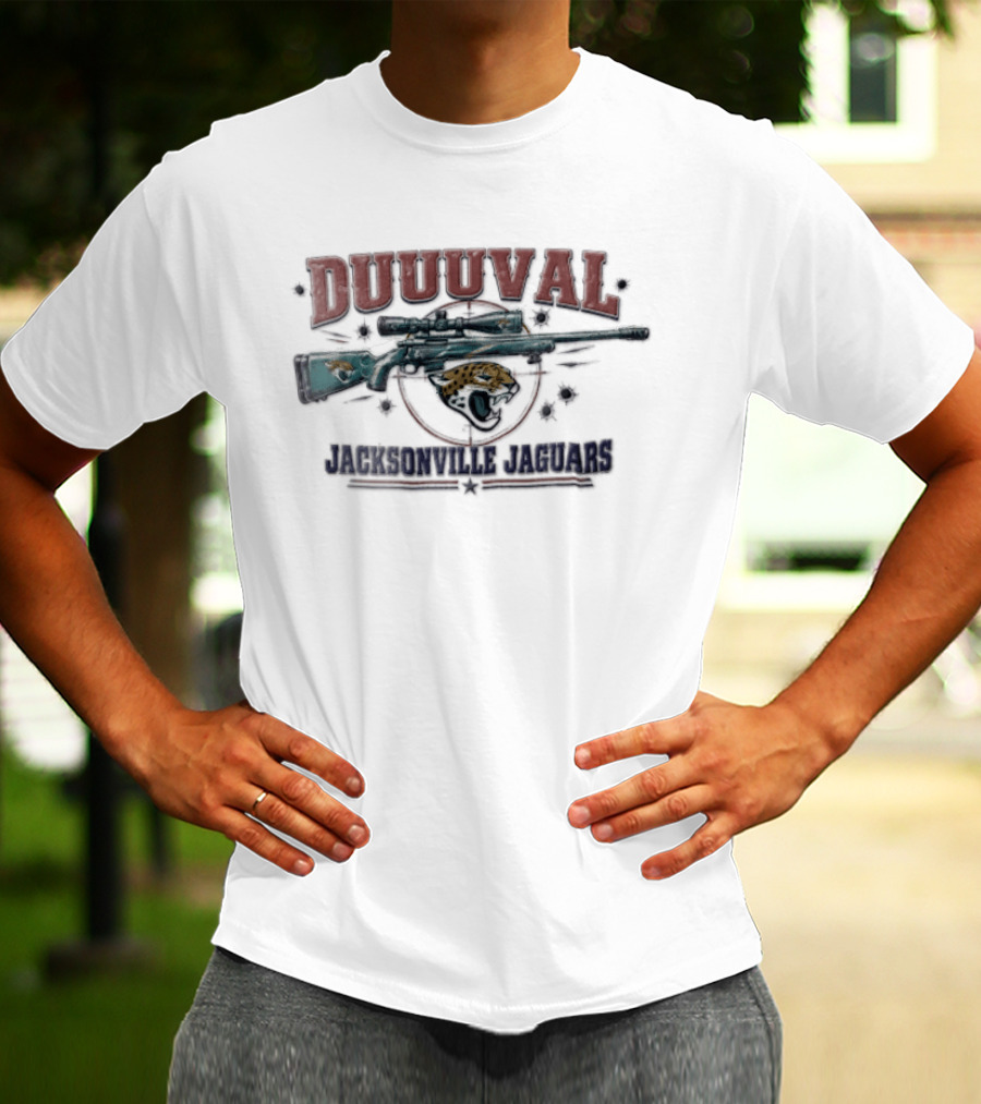 DUUUVAL Jacksonville Jaguars Sniper Rifle Crosshair Bullet Holes T-Shirt