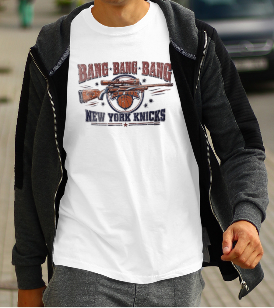 New York Knicks Bang Bang Sniper Rifle Scope Basketball Bullet Holes T-Shirt