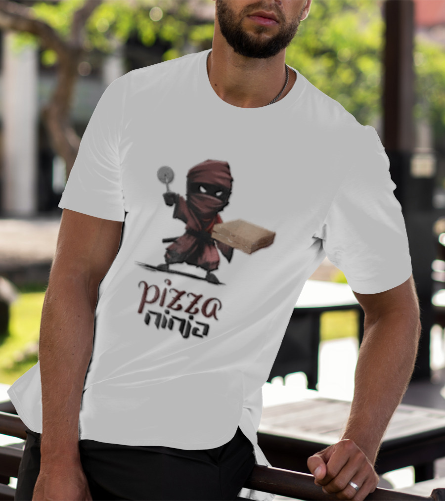 Pizza Ninja Red Masked Cartoon Figure Holding Cardboard Box T-Shirt