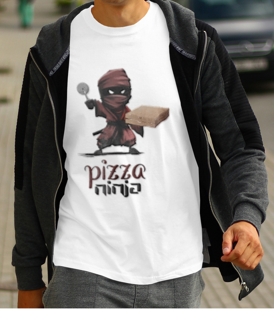 Pizza Ninja Red Masked Cartoon Figure Holding Cardboard Box T-Shirt