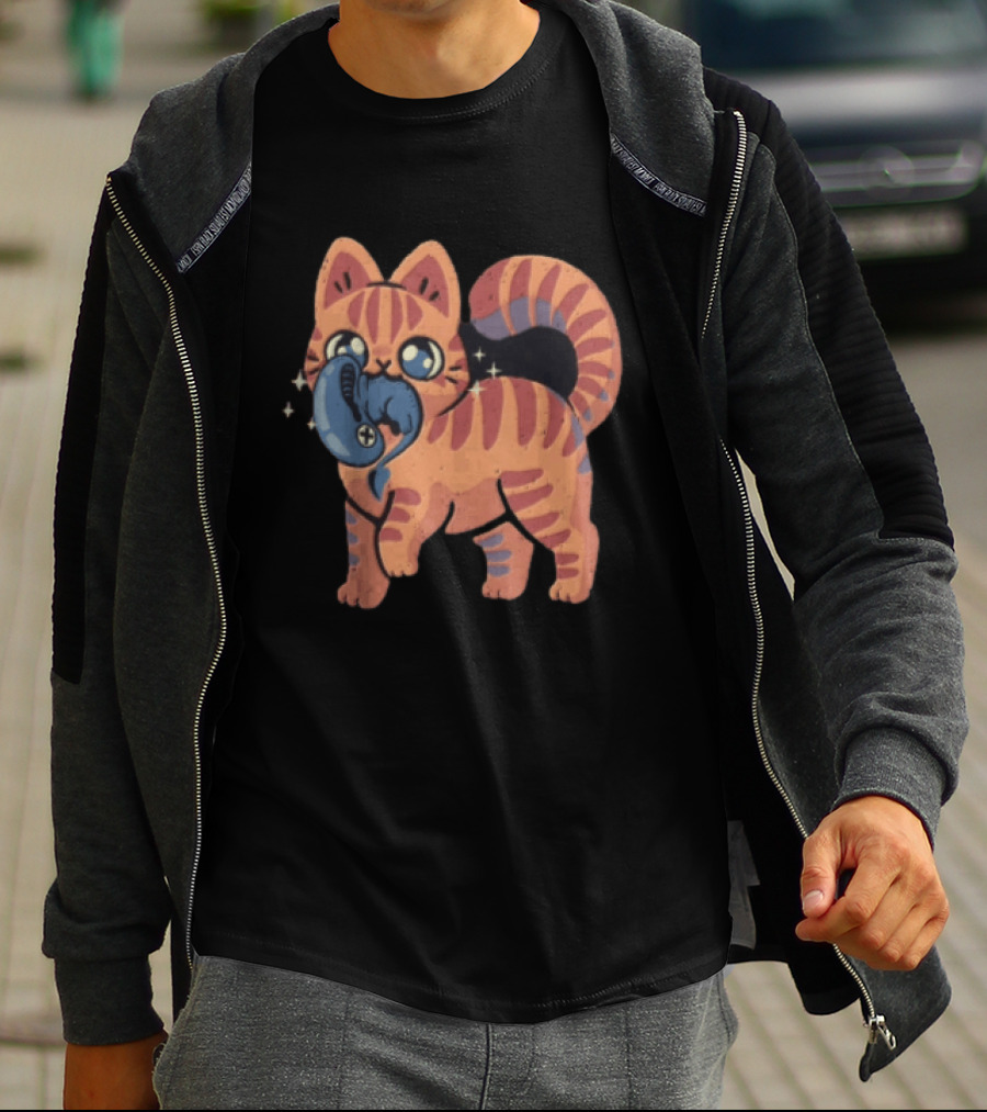 Alien Cat Meets Cartoon Striped Cosmic Creature T-Shirt