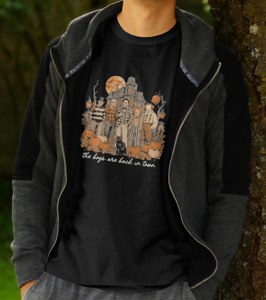 Halloween Horror Characters The Boys Are Back In Town Haunted House Pumpkin Patch T-Shirt