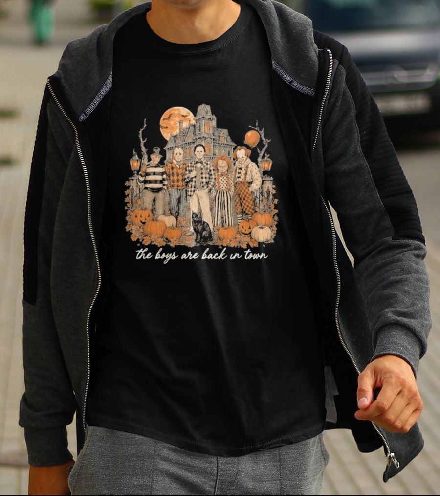 Halloween Horror Characters The Boys Are Back In Town Haunted House Pumpkin Patch T-Shirt