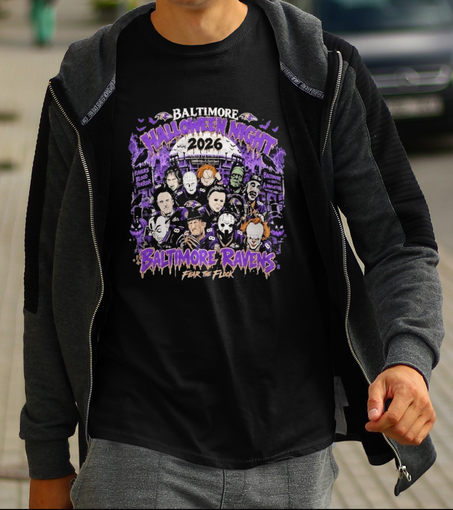 Baltimore Ravens 2026 Halloween Night Horror Characters Fear The Flock T-Shirt
