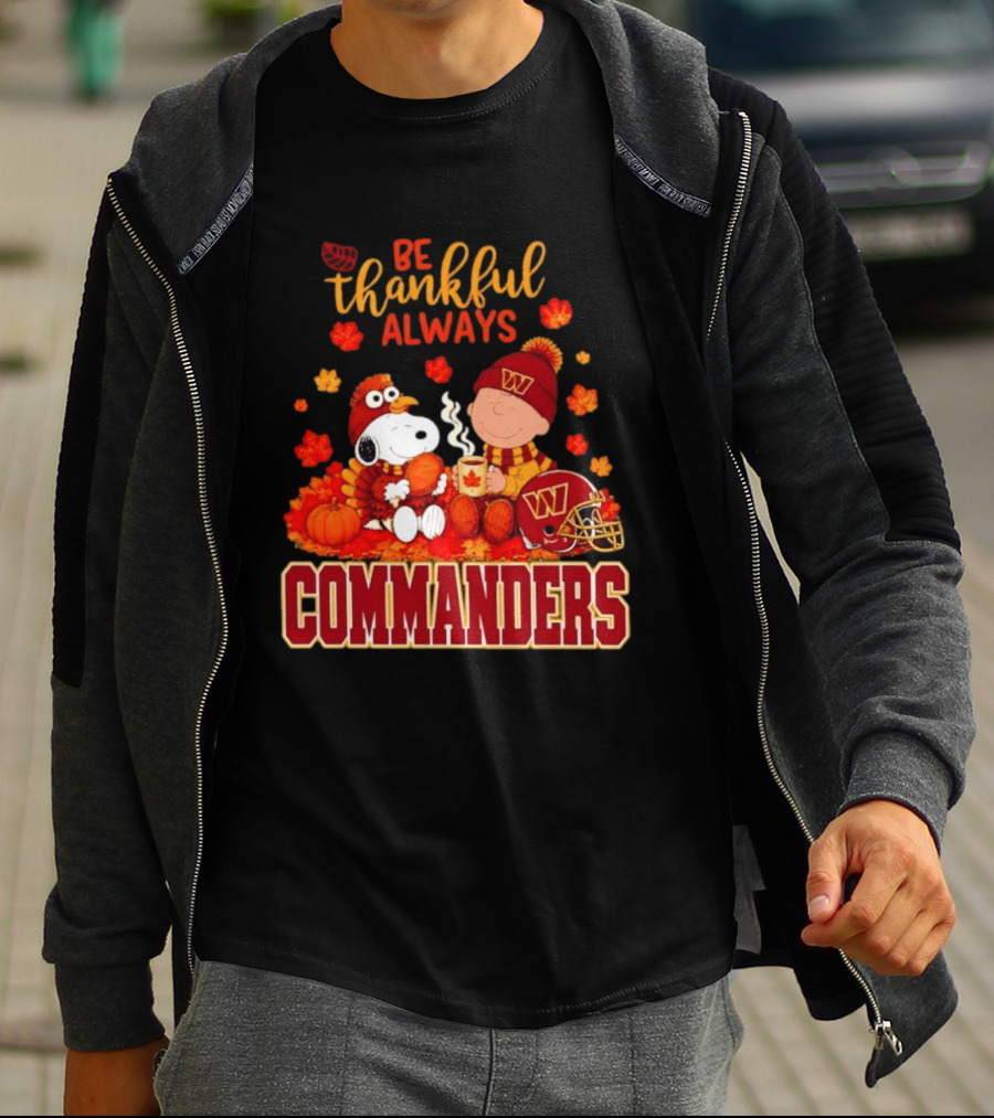 Be Thankful Always Snoopy And Charlie Brown With Commanders Autumn Leaves T-Shirt
