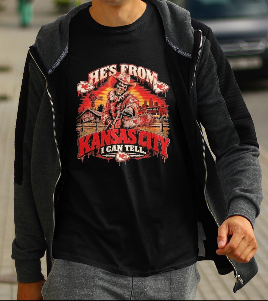 Kansas City Chiefs He's From Kansas City I Can Tell Horror Kingdom NFL Chiefs Logo Scary Chainsaw T-Shirt