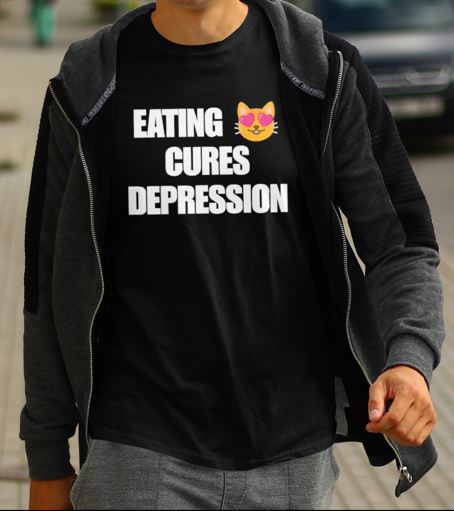 Eating Cures Depression Cat Meme Mental Health Humor T-Shirt