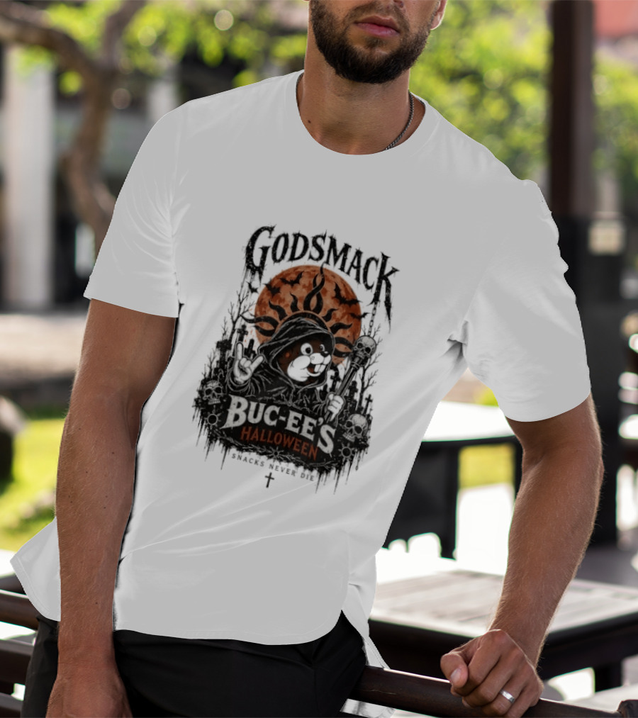 Godsmack Buc Ee's Halloween Snacks Never Die Skulls And Sun T-Shirt