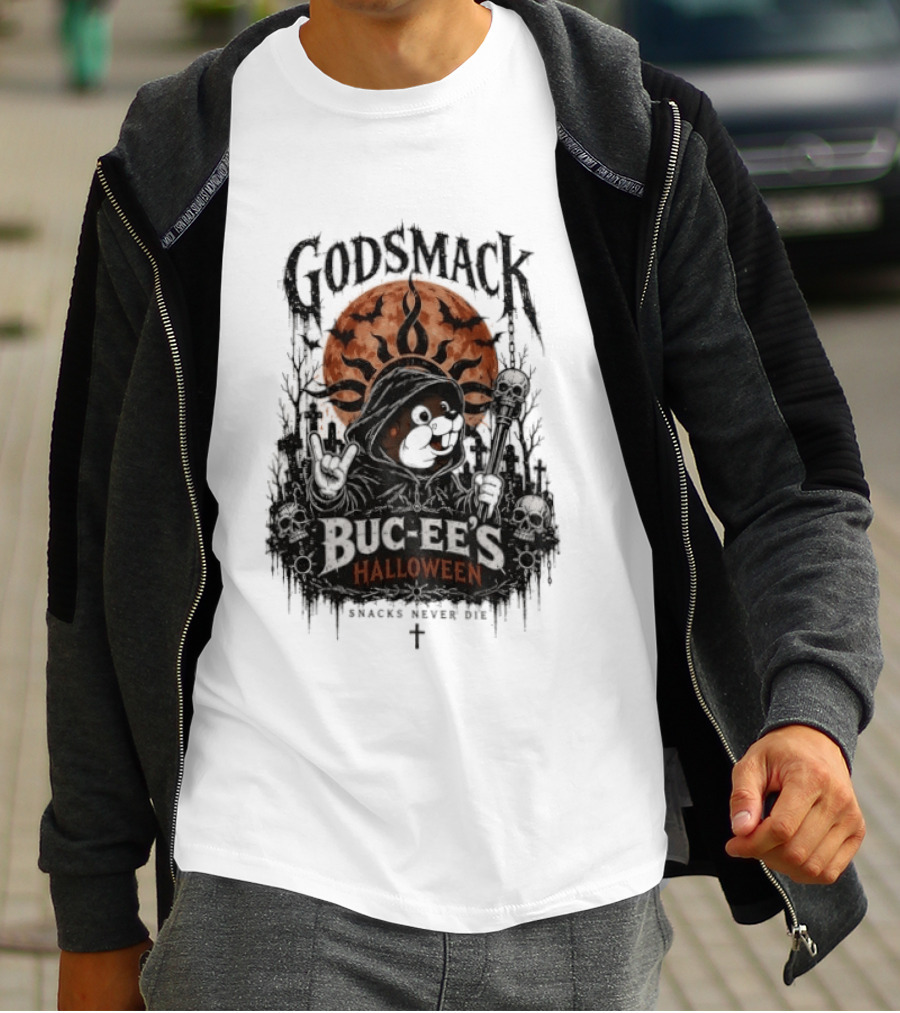 Godsmack Buc Ee's Halloween Snacks Never Die Skulls And Sun T-Shirt