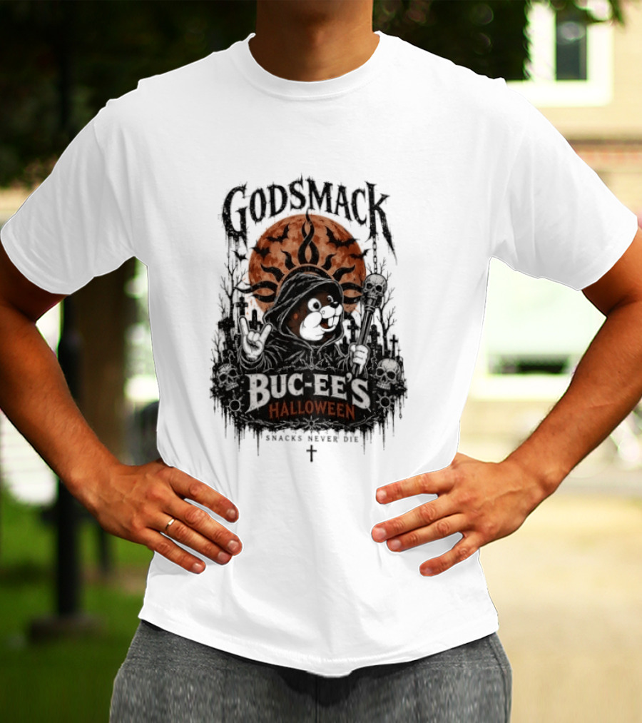 Godsmack Buc Ee's Halloween Snacks Never Die Skulls And Sun T-Shirt