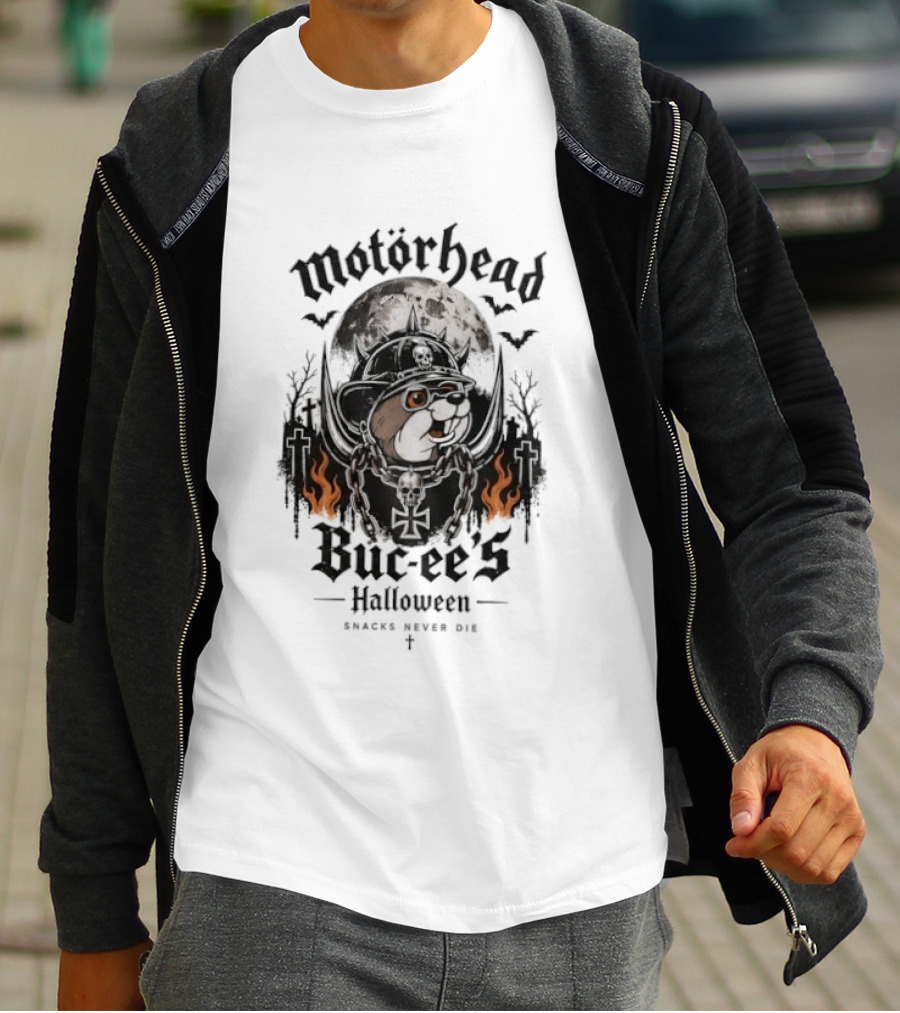 Motorhead Buc Ee's Halloween Snacks Never Die Ghostly Flames Moon Bats T-Shirt