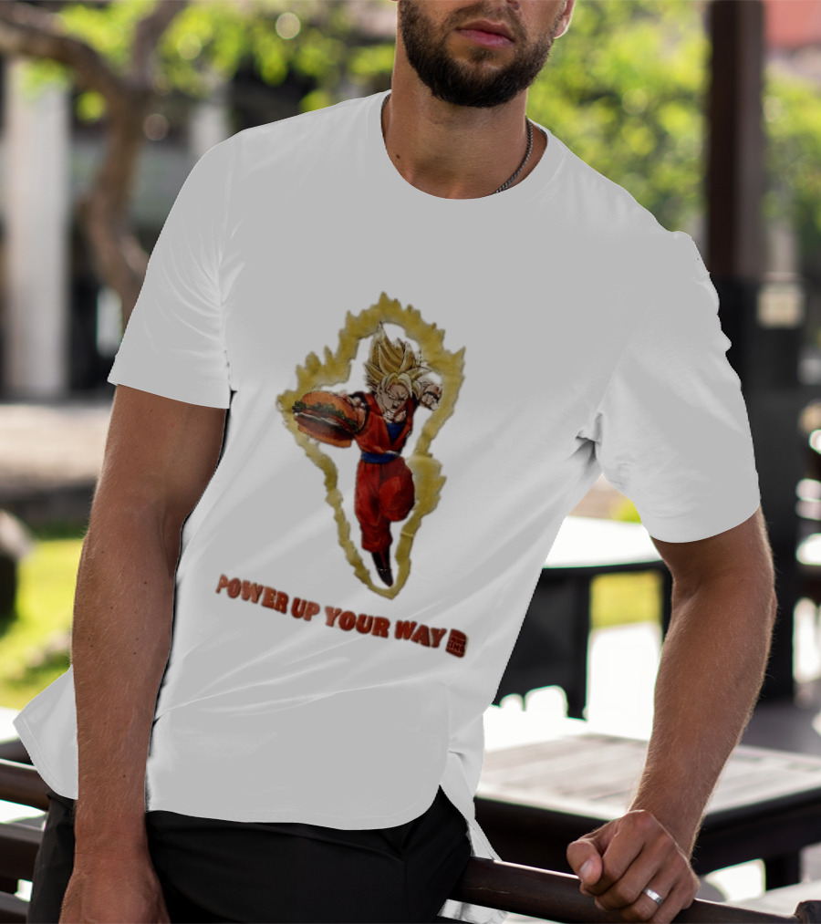 Burger King Power Up Your Way Super Saiyan Goku Holding Cheeseburger Aura T-Shirt