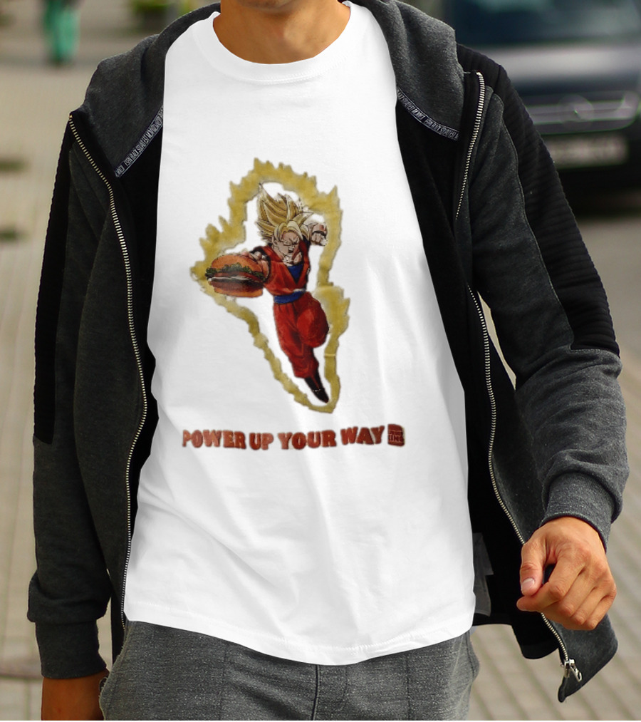 Burger King Power Up Your Way Super Saiyan Goku Holding Cheeseburger Aura T-Shirt
