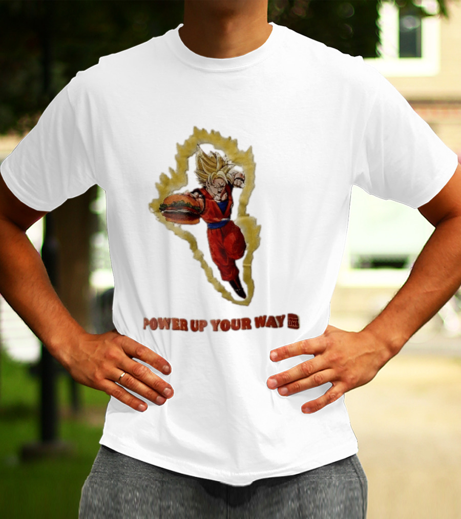 Burger King Power Up Your Way Super Saiyan Goku Holding Cheeseburger Aura T-Shirt