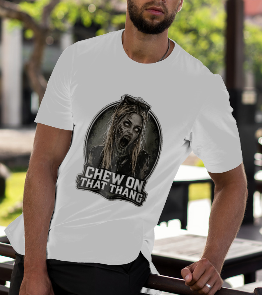 Chew On That Thang Zombie Blonde Woman Open Mouth Green Slime Sunglasses T-Shirt