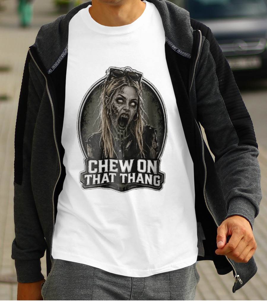 Chew On That Thang Zombie Blonde Woman Open Mouth Green Slime Sunglasses T-Shirt